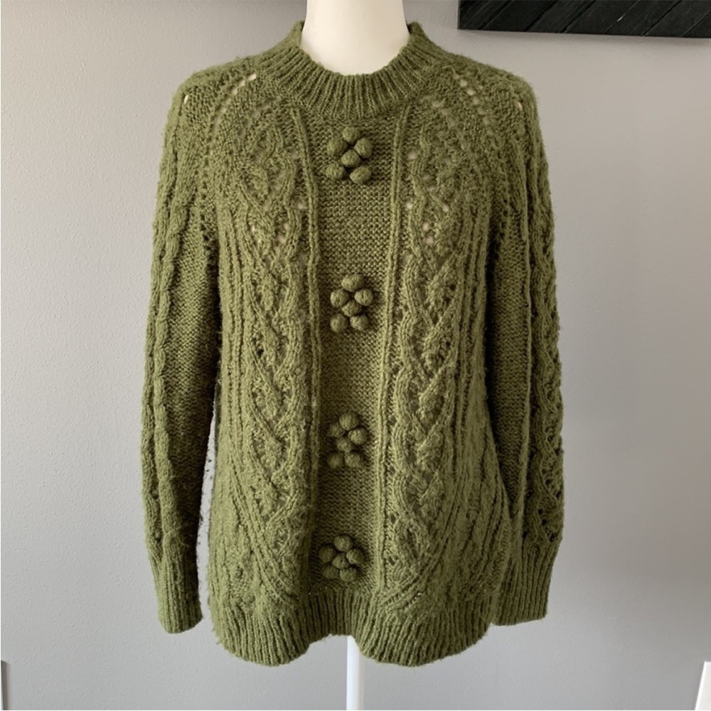 J. Crew Cable Knit Pointelle Alpaca Wool Blend Sweater Popcorn Flowers Green - Picture 2 of 10
